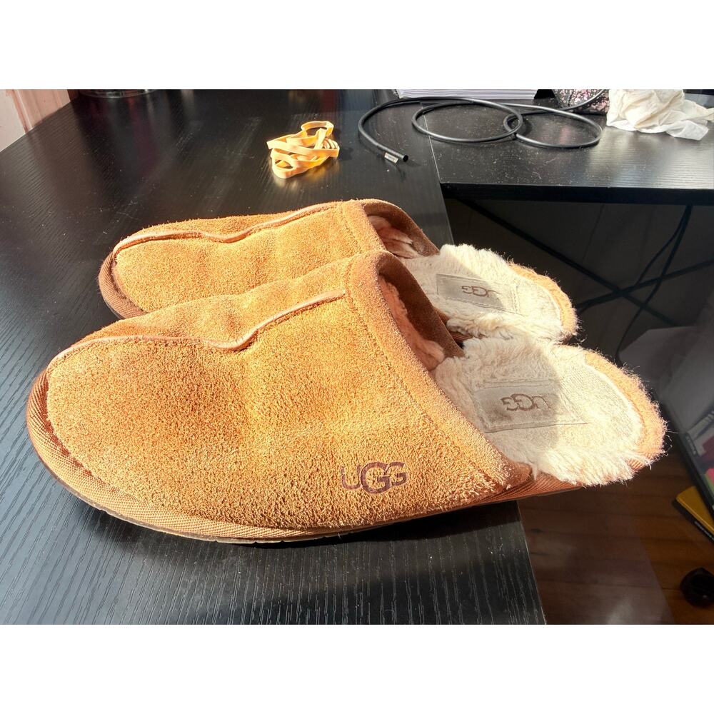 UGG Scuff Slippers Chestnut Suede Shearling Lined Womens Size 7 Cozy Slide - Picture 6 of 8